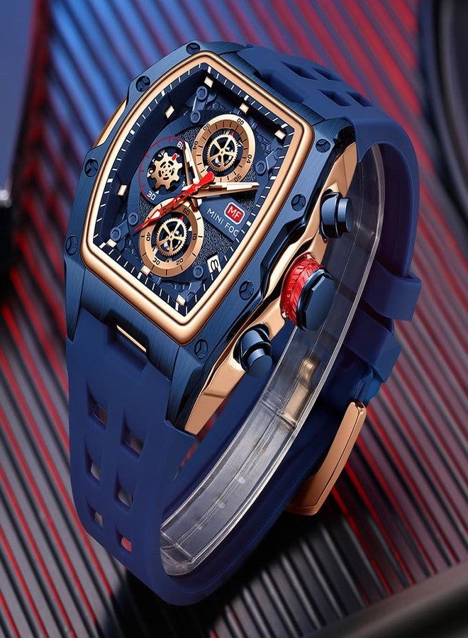 MF MINI FOCUS Men Watch Unique Tonneau Casual Wrist Watches (Chronograph/Waterproof/Luminous/Calendar/24 Hours) Silicon Band Fashion Watch for Men (Blue & Golden), (MF0473G.02) - Image 2